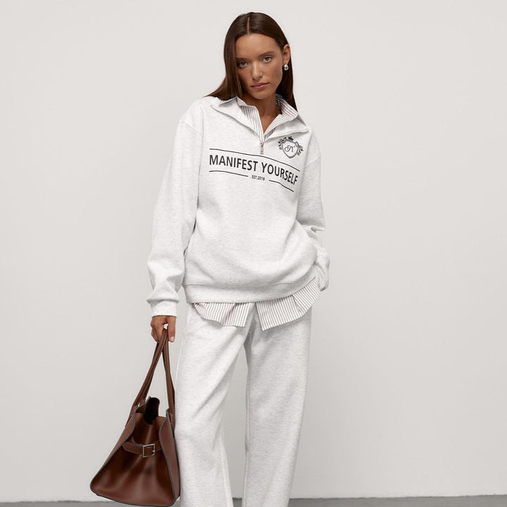 Damen Sweatshirt mit modischem Stehkragen und kreativem Aufdruck Drune