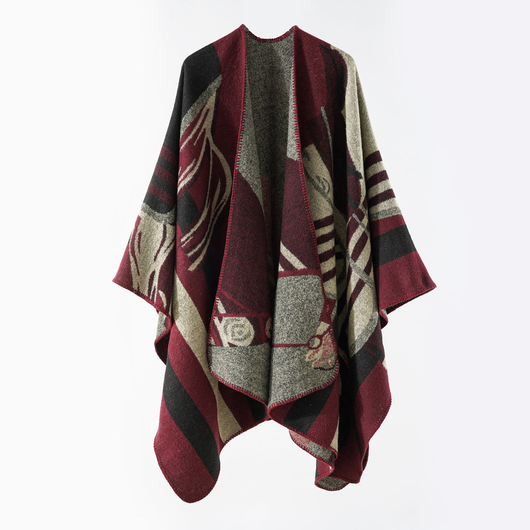 Damen eleganter Strickponcho mit kunstvollem Muster und feinen Fransen Drune