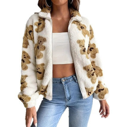 Damen Fleecejacke mit Bärenmuster und Stehkragen Drune