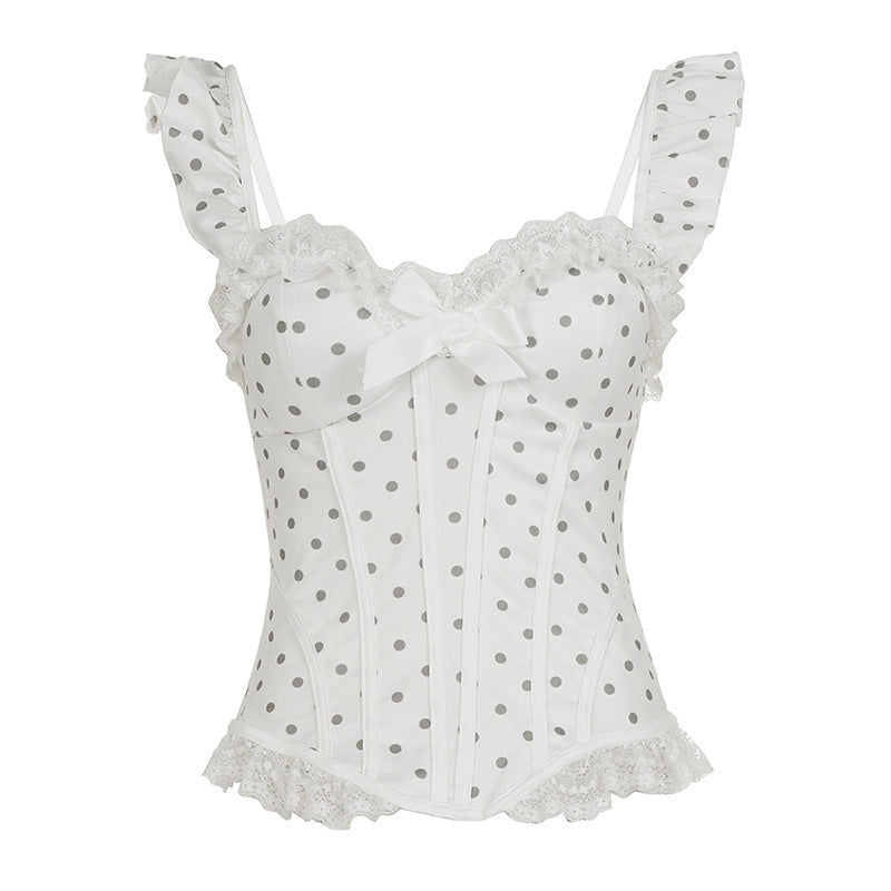 Damen Spitzen-Corsage mit verspieltem Punktdesign und Rüschendetails Drune