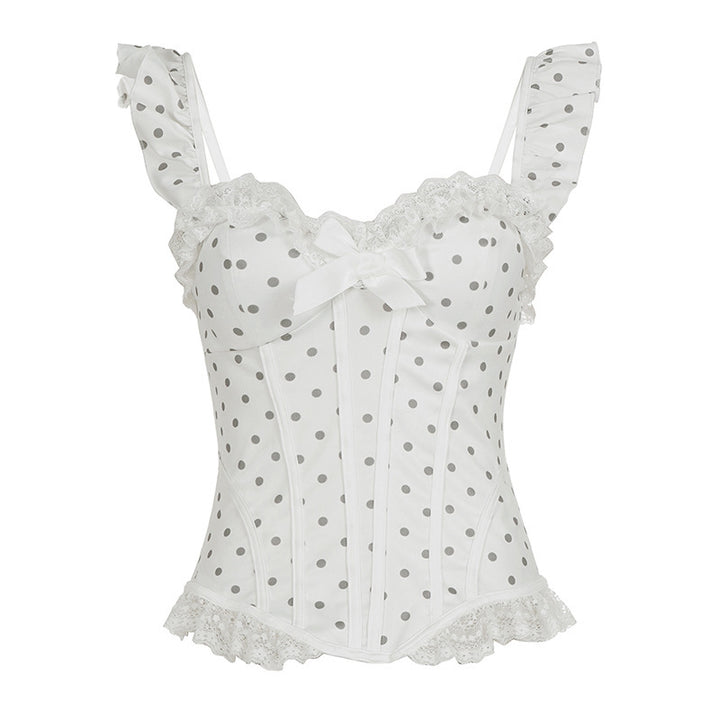 Damen Spitzen-Corsage mit verspieltem Punktdesign und Rüschendetails Drune