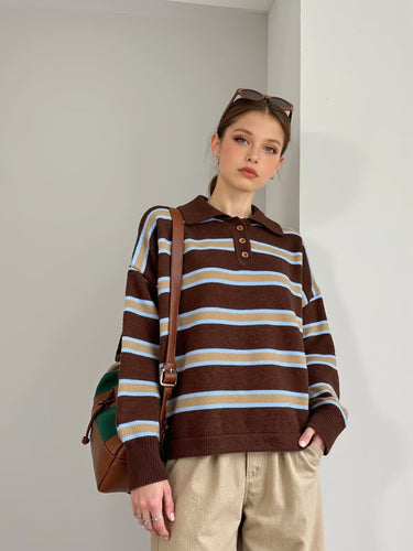 Damen modischer Polo-Pullover mit gestreiftem Design und Knopfleiste Drune