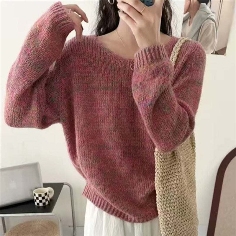 Damen leichter Strickpullover mit V-Ausschnitt und voluminösen Ärmeln Drune