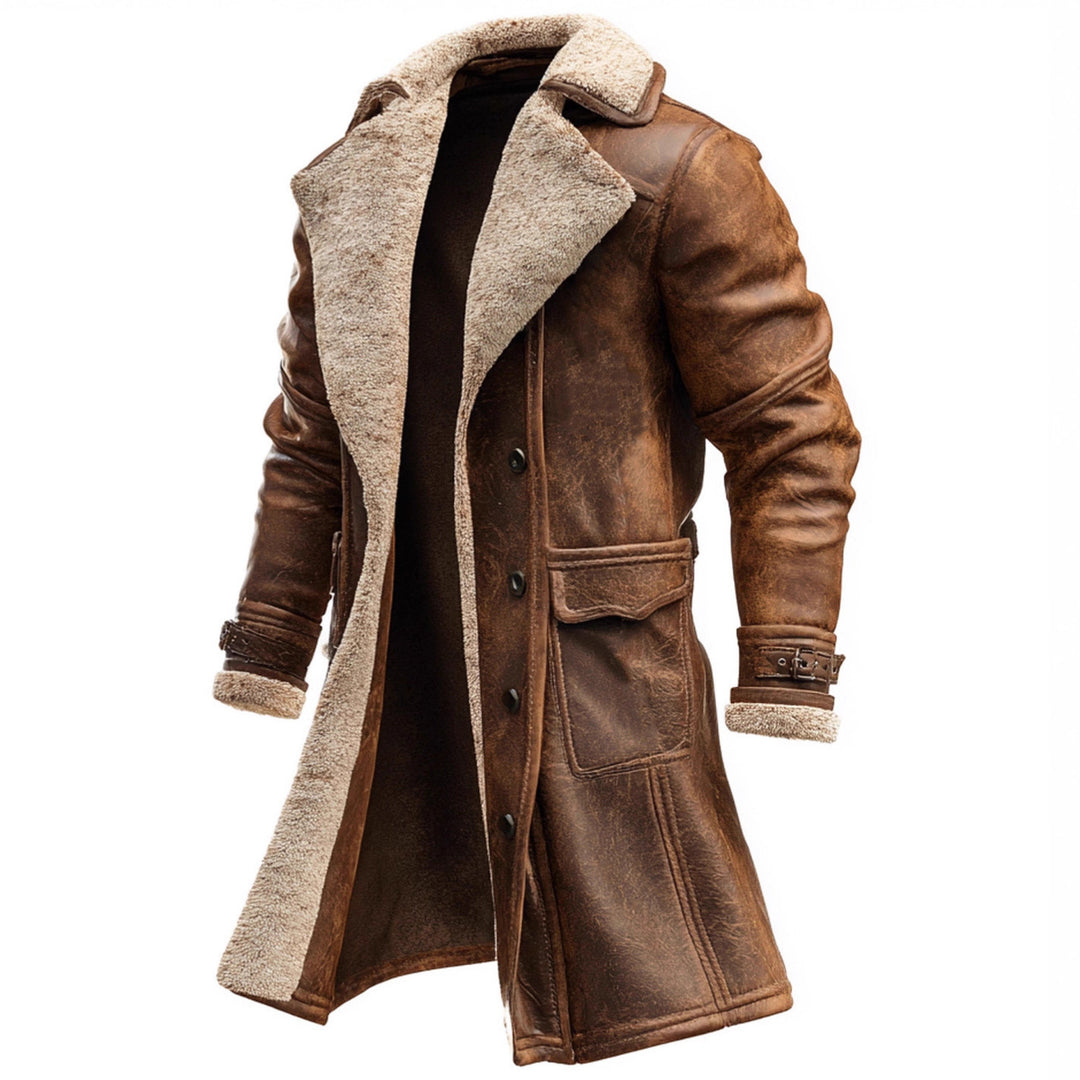 Herren nan langer vintage Biker-Ledermantel mit durchgehendem Sherpa-Futter, Pattentaschen und verstellbaren Schnallenmanschetten Drune