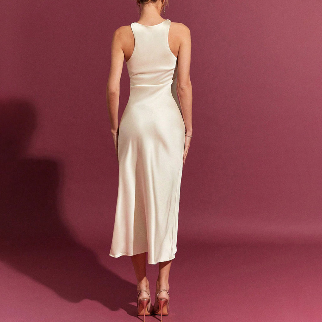 Damen elegantes Satin-Cocktailkleid mit asymmetrischem Schnitt und figurbetontem Design Drune