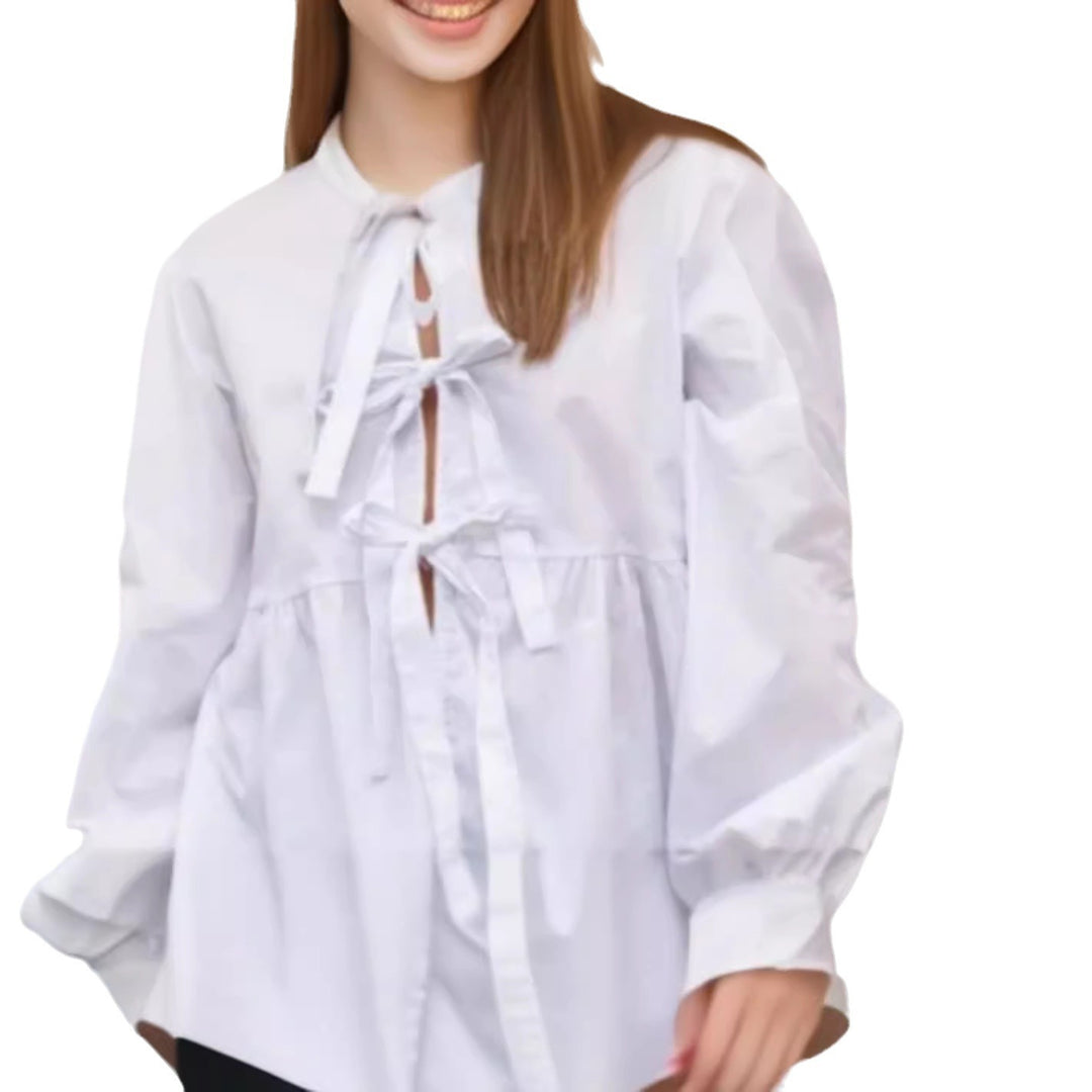 Damen Bluse mit Volantärmeln und Schleifenband Drune