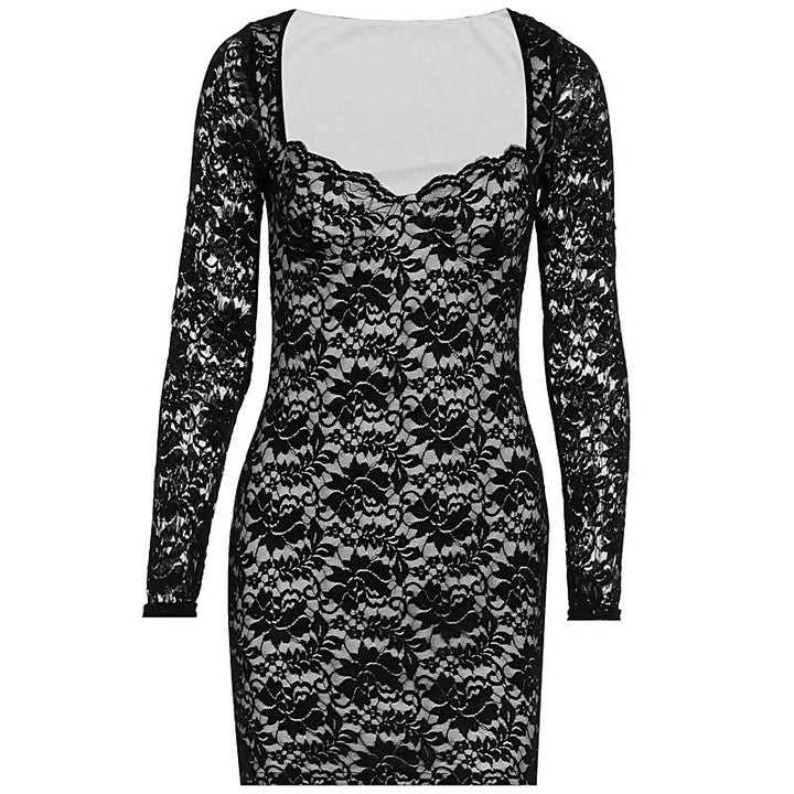 Damen Elegantes Spitzenkleid mit Longsleeve und tiefem Ausschnitt Drune