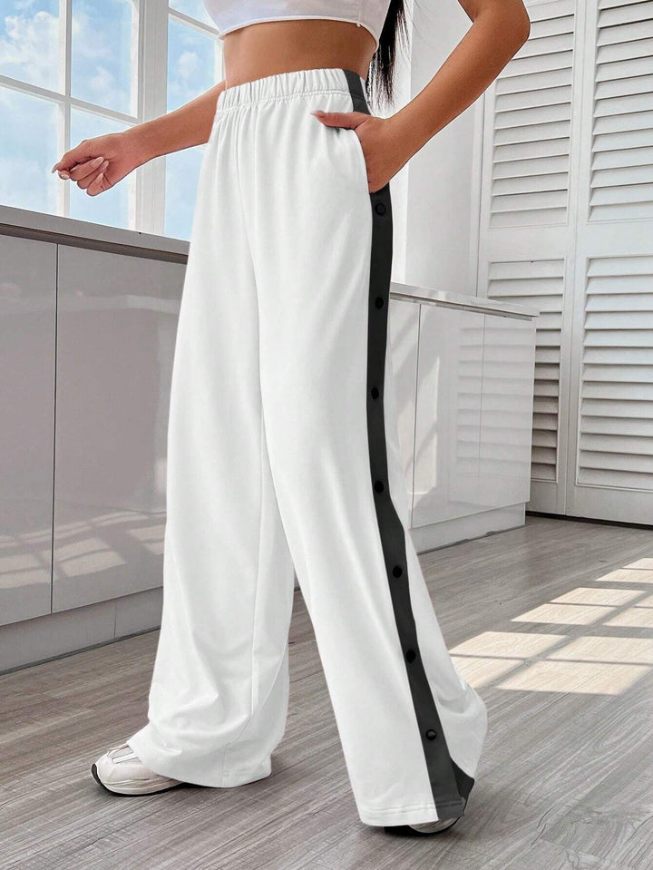 Damen Sportliche Palazzo-Hosen mit seitlichen Druckknöpfen und elastischem Bund Drune