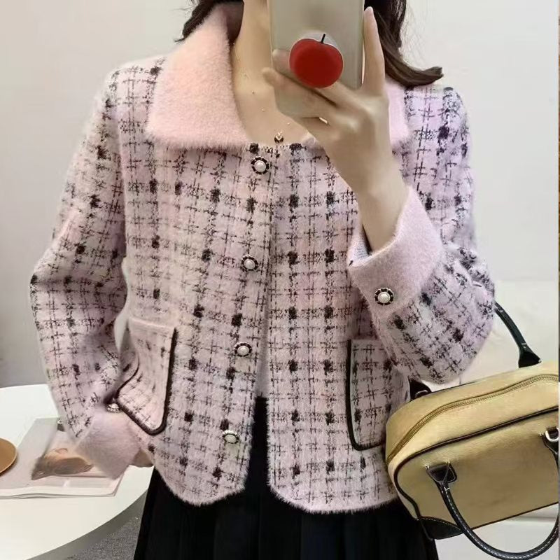 Damen elegante Bouclé-Jacke mit klassischem Karomuster und dekorativen Taschen Drune