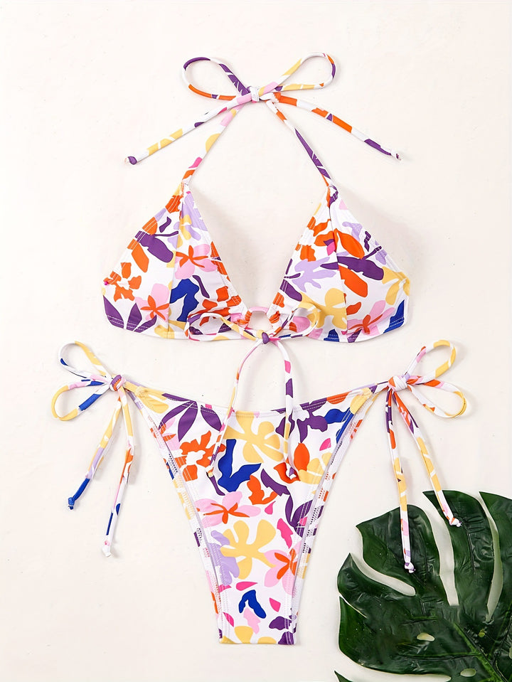 Damen Triangel-Bikini mit verstellbaren Schnüren und fröhlichem Blumenmuster Drune