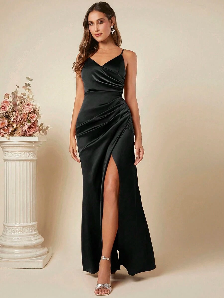 Damen Elegantes Wickelkleid mit hoher Beinschlitze und schmalen Trägern Drune