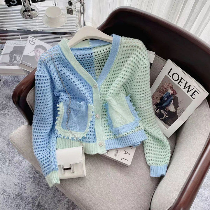 Damen luftiger Strickcardigan mit feiner Netzstruktur und aufgesetzten Taschen Drune