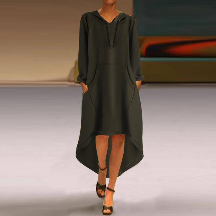 Damen nan Oversize Kapuzenkleid mit hohem Rückensaum, Kängurutasche und lässigem Streetstyle-Schnitt Drune