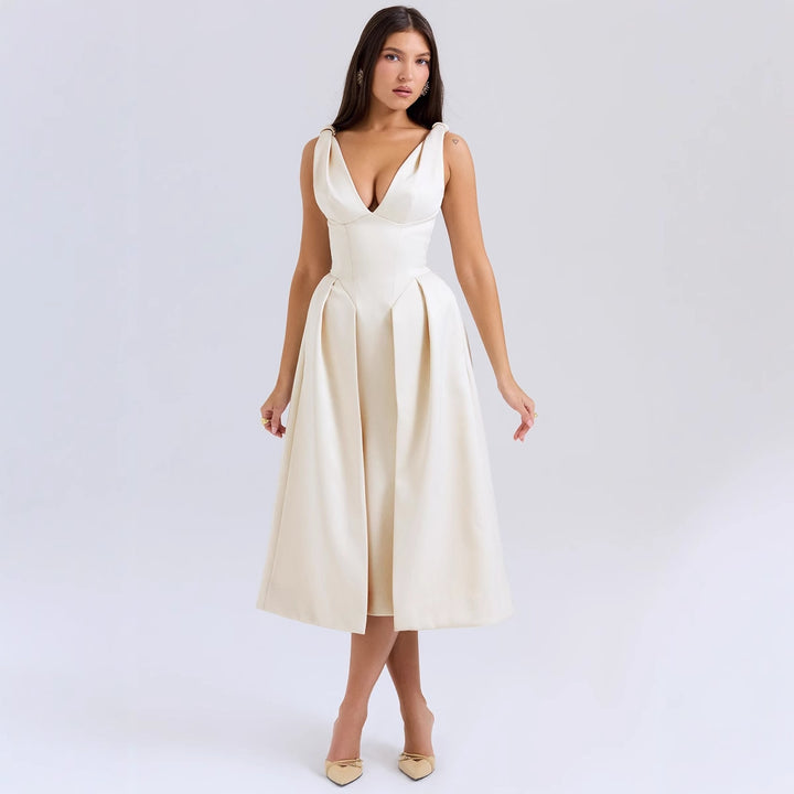 Damen Elegantes Midikleid mit traumhaftem V-Ausschnitt und eleganten Falten Drune
