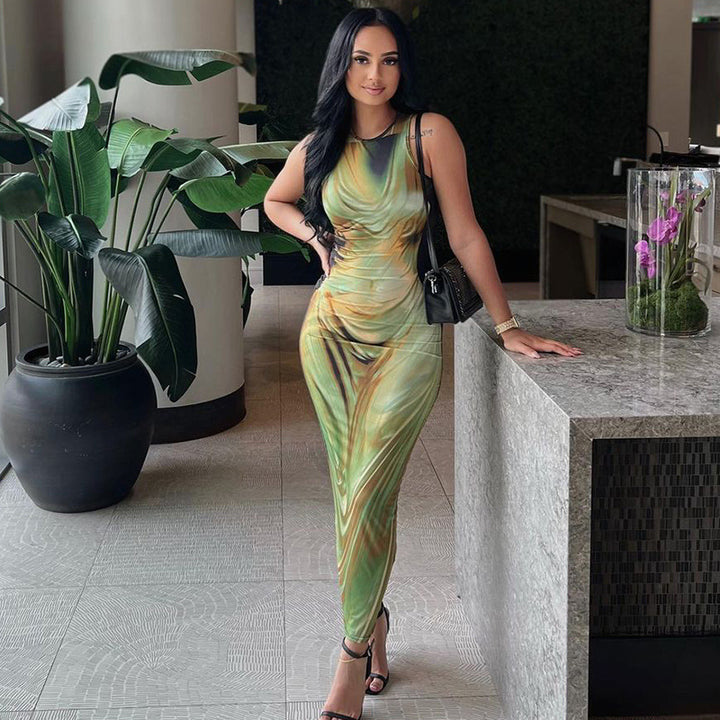 Damen Figurbetontes Maxikleid mit elegantem Grafikdruck und raffinierten Trägern Drune