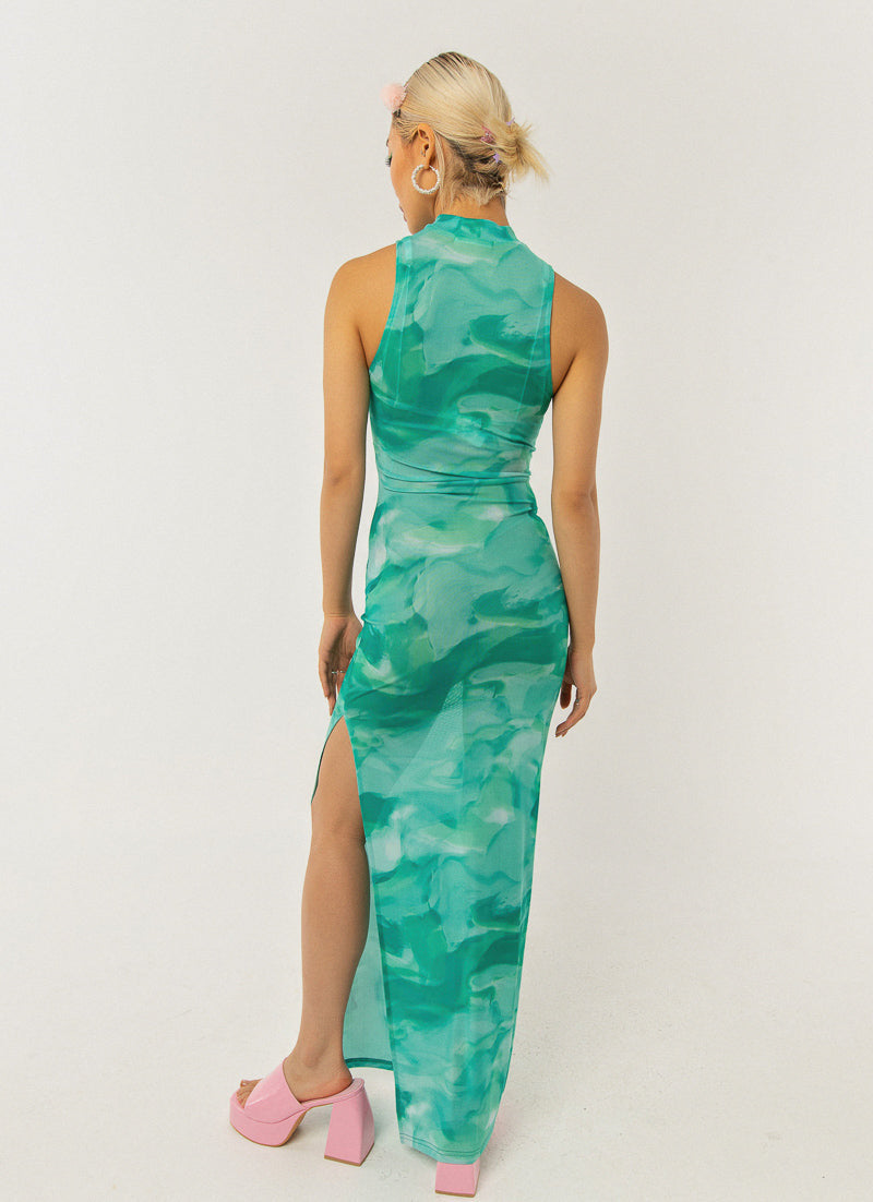 Damen elegantes Maxikleid mit hohem Kragen und fließendem Schnitt Drune