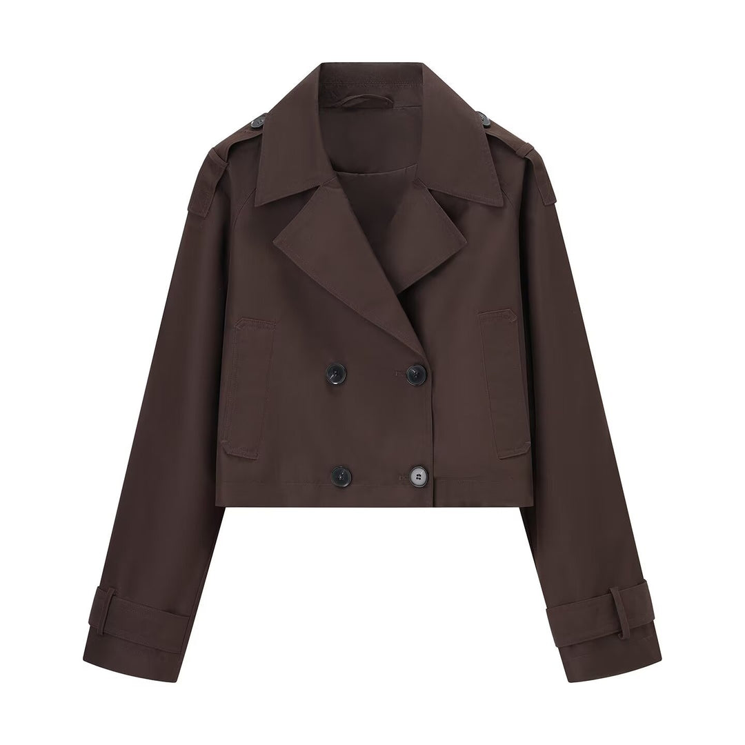 Damen nan kurze taillierte Doppelreiher-Trenchjacke im Boxy-Cropped-Schnitt mit Schulterpatten und verstellbaren Manschetten Drune