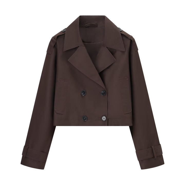 Damen nan kurze taillierte Doppelreiher-Trenchjacke im Boxy-Cropped-Schnitt mit Schulterpatten und verstellbaren Manschetten Drune