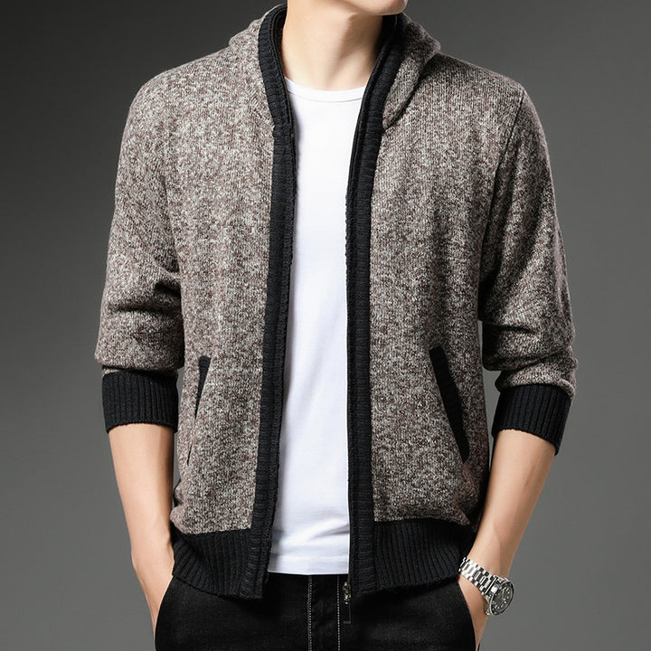 Herren Moderne Strickjacke mit Kapuze und schwarz-weißen Akzenten Drune