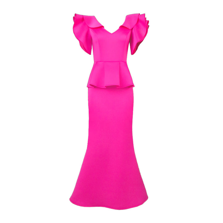 Damen elegantes Peplum-Abendkleid mit voluminösen Ärmeln Drune