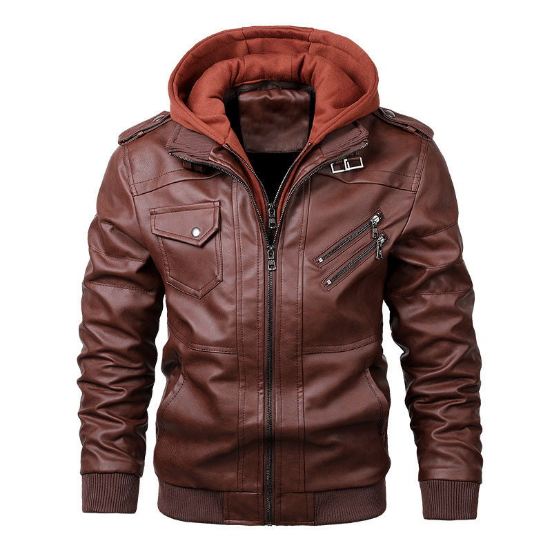 Herren nan Lederjacke mit Kapuze, Vintage-Bikerlook und mehreren Reißverschlusstaschen Drune