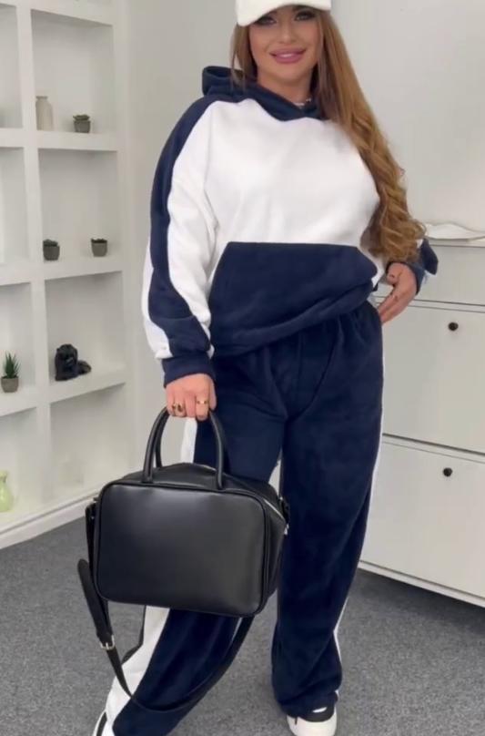 Damen gemütliches Fleece-Casual-Set mit farblich abgesetzten Details Drune