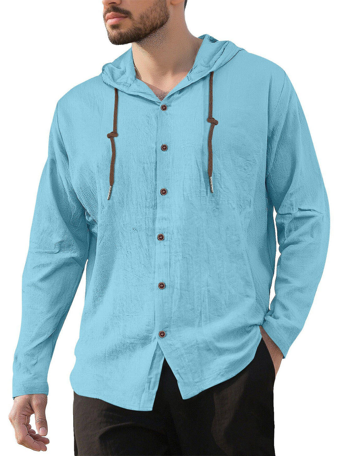 Herren nan Kapuzenhemd im Leinen-Look mit durchgehender Knopfleiste und Kordelzug Drune