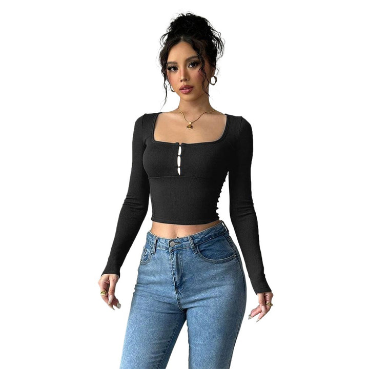 Damen Langarm-Crop-Top mit eleganter knopfverzierter Front Drune