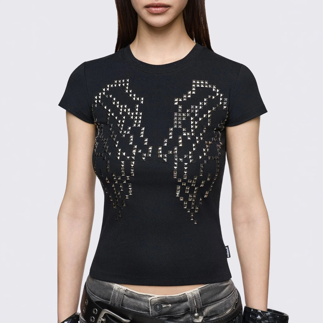 Damen Enganliegendes T-Shirt mit Metallic-Nieten Drune
