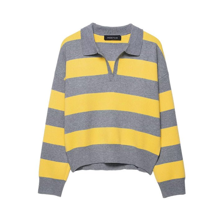 Damen modischer Poloshirt-Pullover mit breiten Streifen und kurzen Ärmeln Drune