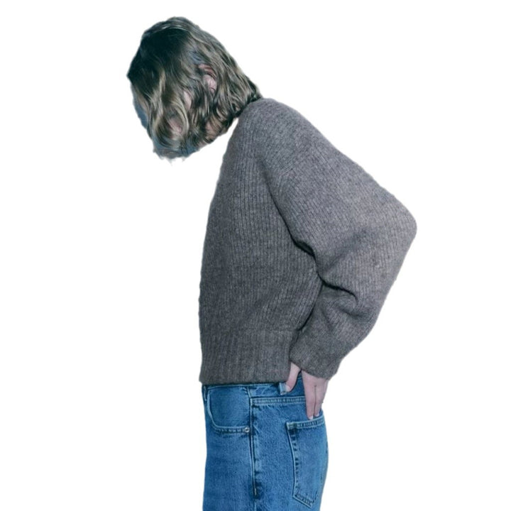 Damen lässiger Strickjacke mit hochgeschlossenem Reißverschluss und voluminösen Ärmeln Drune