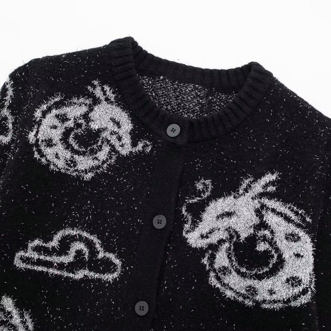 Damen Gemusterte Strickjacke mit Drachenmotiv und Knopfverschluss Drune