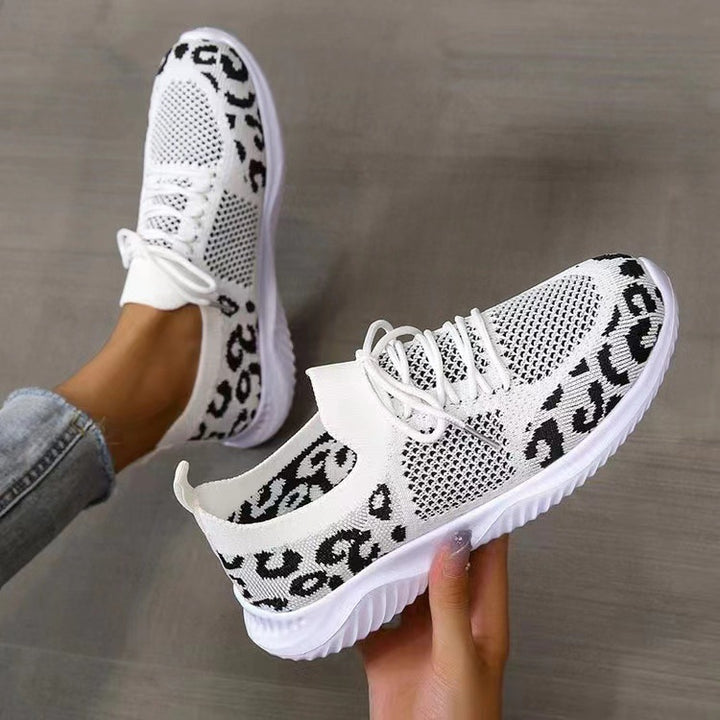Damen nan atmungsaktiver Strick-Sneaker mit elastischem Einstieg, gepolstertem Komfortfußbett und Animalprint-Fersenbesatz Drune