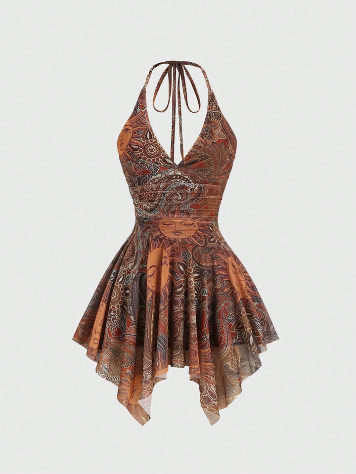 Damen lässiges Strandkleid mit asymmetrischem Saum und raffiniertem Druck Drune