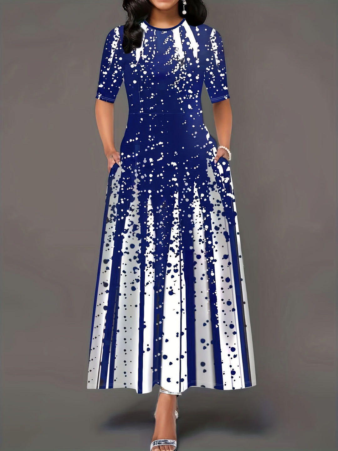 Damen Elegantes Maxikleid mit auffälligem Muster und praktischen Taschen Drune