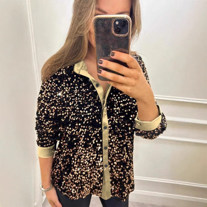Damen Funkelnde Paillettenbluse mit klassischem Kragen Drune