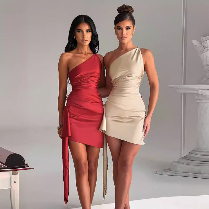 Damen Elegantes Ein-Schulter Kleid mit fließendem Schnitt und asymmetrischem Saum Drune
