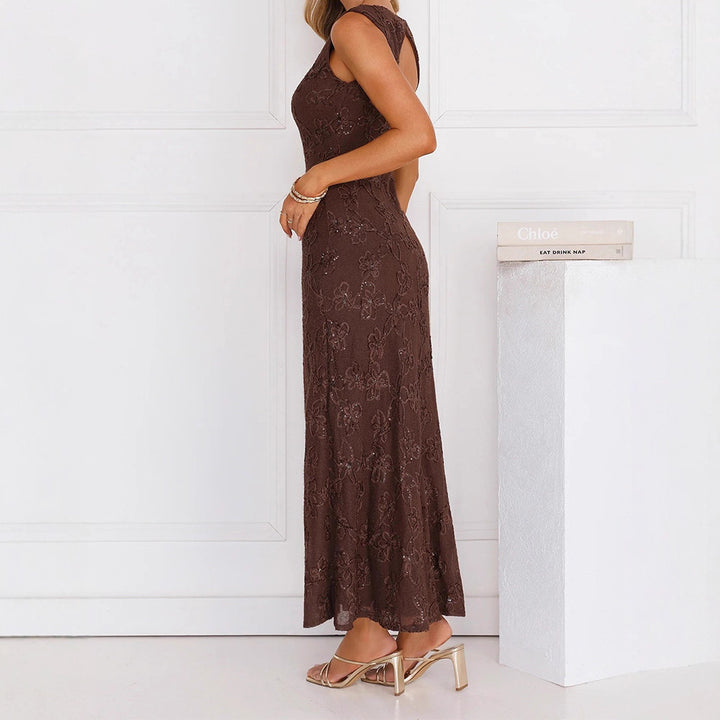 Damen Elegantes Maxikleid mit floralen Spitzenapplikationen Drune