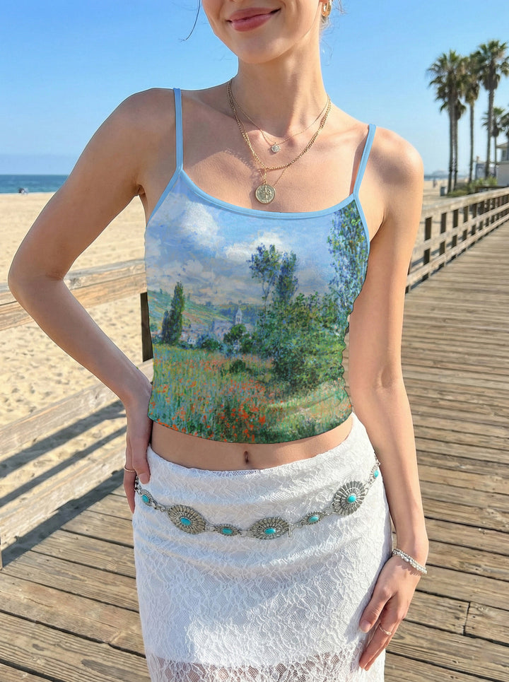 Damen Crop-Top mit floralem Motiv und verstellbaren Trägern Drune