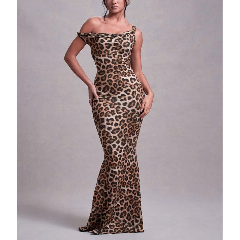 Damen Langarm Maxikleid im eleganten Leopardenmuster Drune