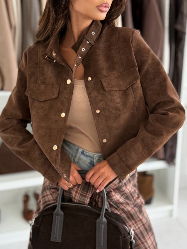 Damen elegante Jacke aus weichem Wildleder mit Knopfdetails Drune
