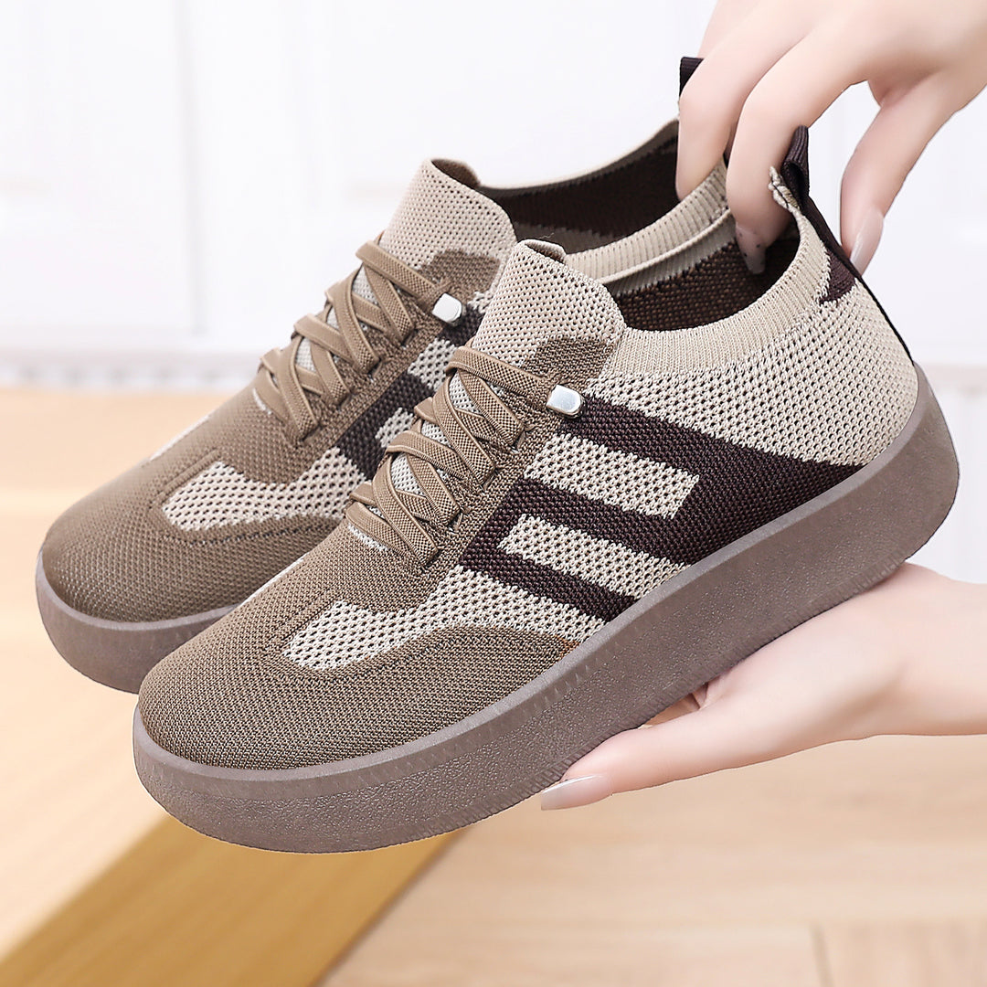 Damen nan gestrickter Slip-On Plateau-Sneaker mit elastischem Sockenschaft, dekorativer Zierstreifen und dämpfender EVA-Leichtsohle Drune