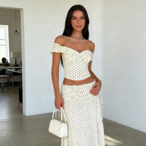 Damen Zweiteiliges Polka-Dots Set mit schulterfreiem Oberteil und schwingendem Rock Drune