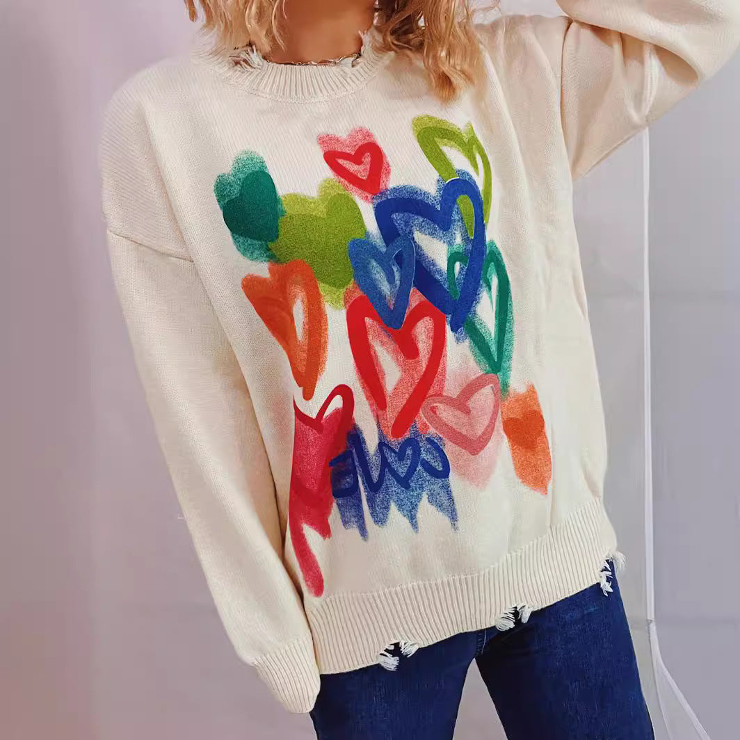 Damen kuscheliger Pullover mit buntem Herzdesign Drune