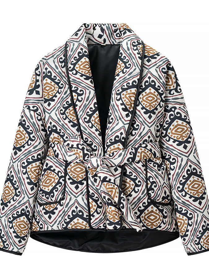 Damen Modische Blazerjacke mit Gürtel und auffälligem Muster Drune