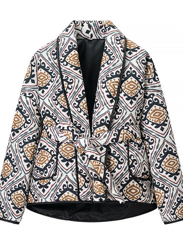 Damen Modische Blazerjacke mit Gürtel und auffälligem Muster Drune