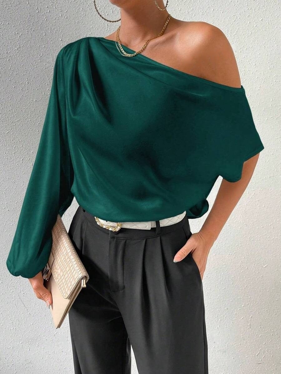 Damen elegante asymmetrische Bluse mit weiten Ärmel Drune