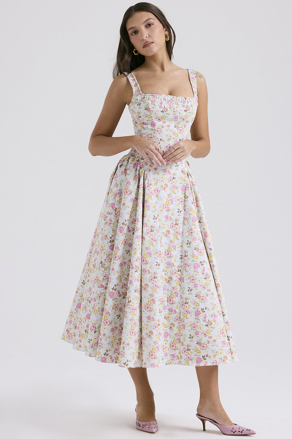 Damen Midi-Kleid mit floralem Muster und angeschnittenem Rock Drune