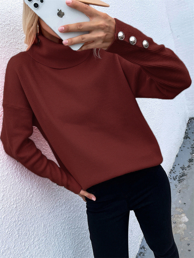 Damen Rollkragenpullover mit gestreiftem Design und dekorativen Knöpfen Drune