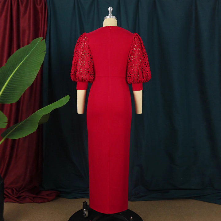 Damen elegantes Maxi-Kleid mit extravaganten Puffärmeln und schickem Schlitz Drune